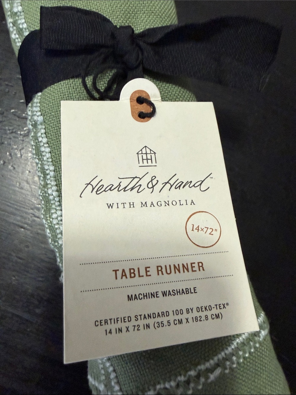 Hearth & Hand Sage Green Table Runner with White Stitching - Picture 2 of 4